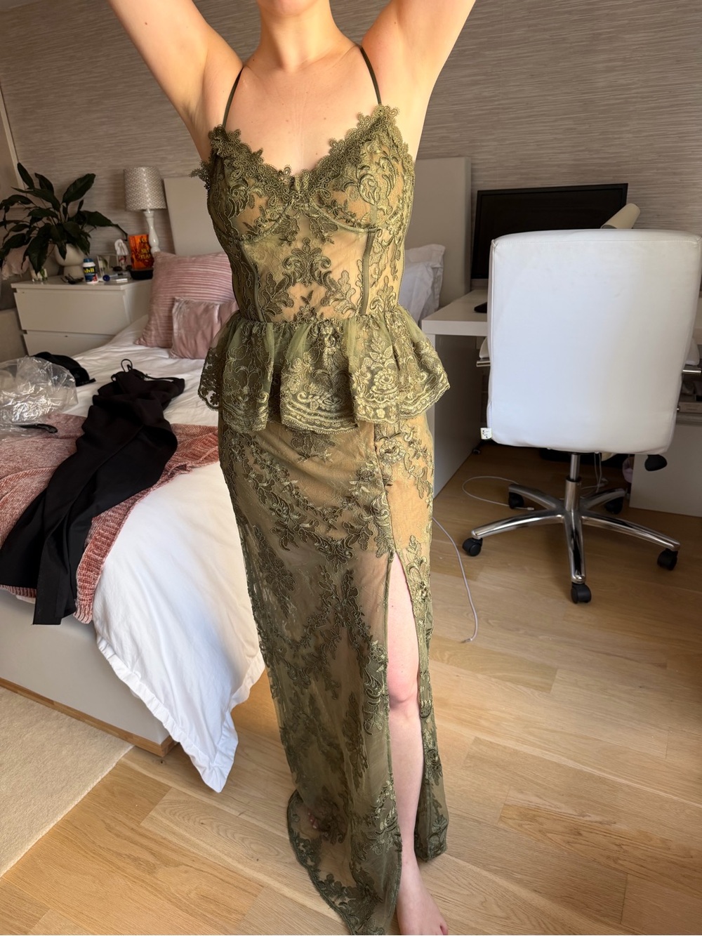 V. Chapman -Olive Green Lace Peplum Evening Gown